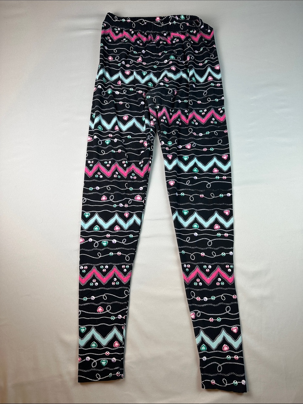 Women’s' Black Patterned Leggings Pink Teal Jewelry High Rise One Size